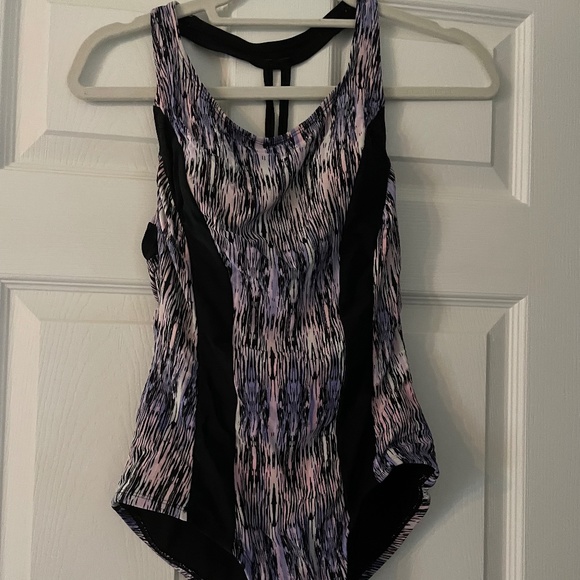 One piece pink, purple, and black print bathing suit with built in padding - SM - Picture 1 of 2